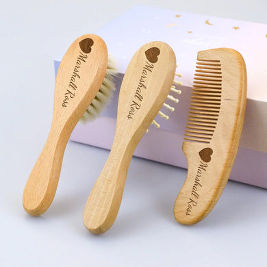 Personalized Wooden Hair Brush Set with Soft Goat Bristles - Perfect for Newborns Toddlers and Cradle Cap Ideal Baby Registry Gift