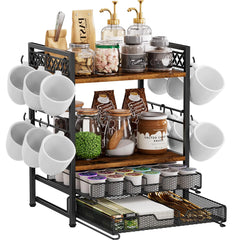 Plaviya Coffee Bar Organizer Countertop Station Shelf 4 Tier Mug Cup Holder Stand with 12 Hooks 30 K Cup Coffee Pod Drawer Multifunctional Coffee Shelf Organizer for Accessories Station Kitchen