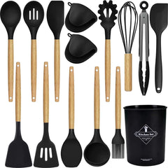 15 silicone kitchen tool sets kitchen utensils set heat resistant silicone (black 15 sets)