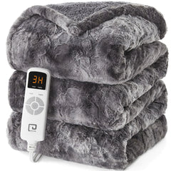 EHEYCIGA Electric Heated Blanket Full Size Faux Fur 10 Hours Auto Shut Off 9 Heating Levels Heating Blanket Soft Warm Heated Blanket Fast Heating Grey Faux Fur & Sherpa